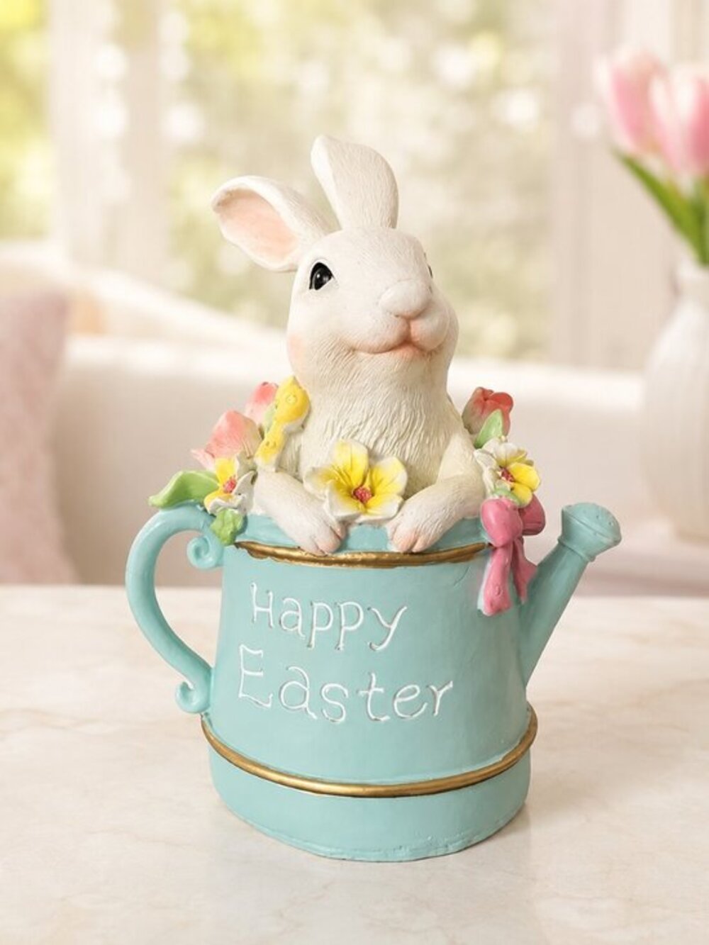 Happy Easter Bunny Watering Can Figurine Tulips Resin Decor NWT